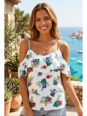 Old Navy Cold Shoulder Flutter Sleeve Floral Top White Multicolor Size M